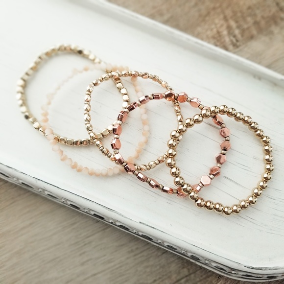 Rose Gold Beaded Stackable Stretch Bracelet Set - Picture 2 of 2